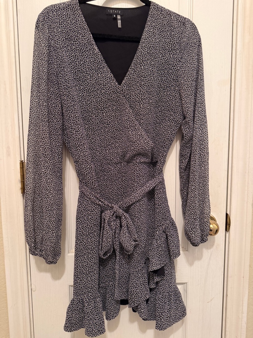 1. State Black and White Mini Wrap Dress with Ruffle Hem